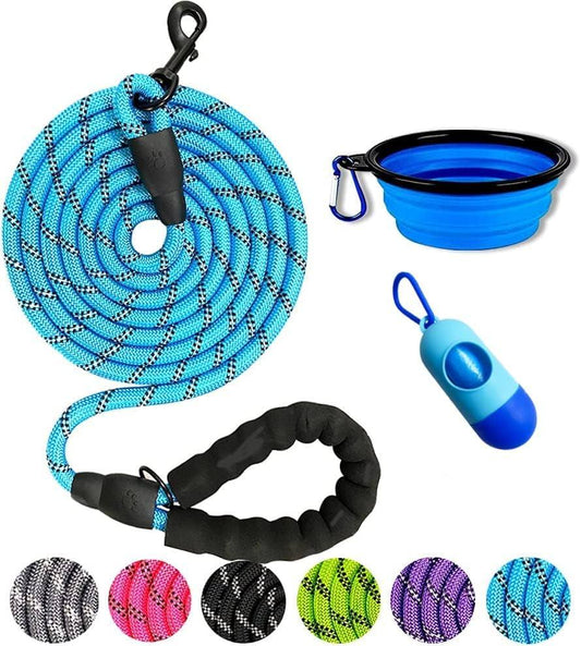 10FT Thick Durable Nylon Dog Rope - Comfortable Padded Handle Reflective Rope Leash for Medium Large Dogs with Collapsible Pet Bowl and Garbage Bags (Reflective, Blue)