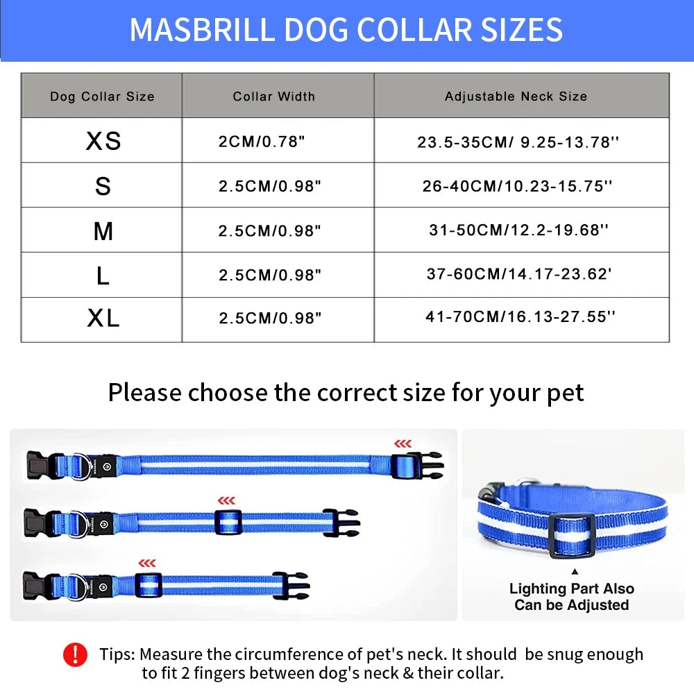 LED Dog Collar, Glowing Night Walking Light Dog Collar, Waterproof and USB Rechargeable for Small Medium Large Dogs Flashing Collar